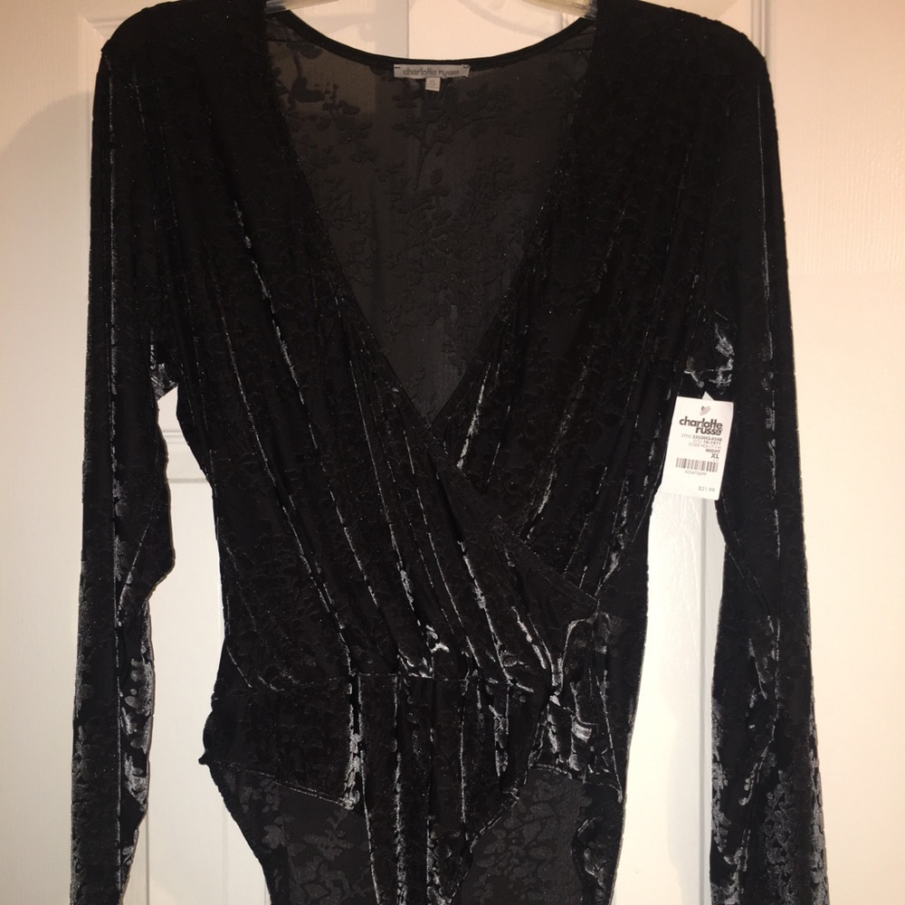 Black velvet sheer bodysuit blouse